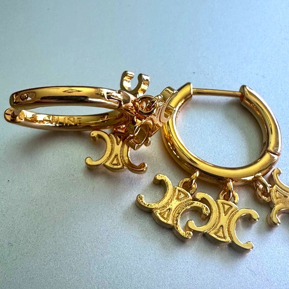 Auth CELINE Triomphe Hoop Dangle Charm Earrings - Pre-Owned - Excellent - Picture 2 of 5